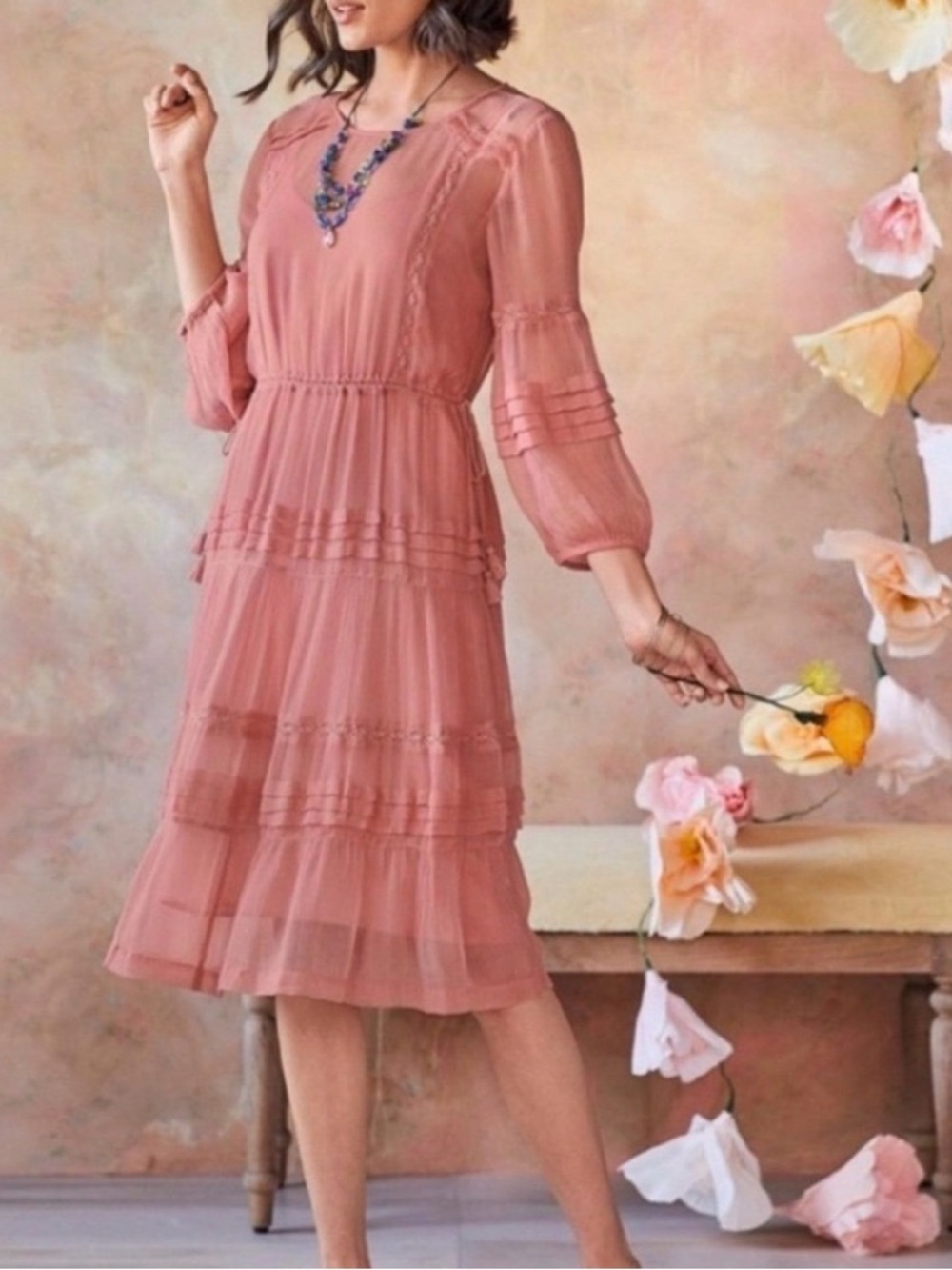 Sundance Dusty Rose Tiered Chiffon Midi Dress